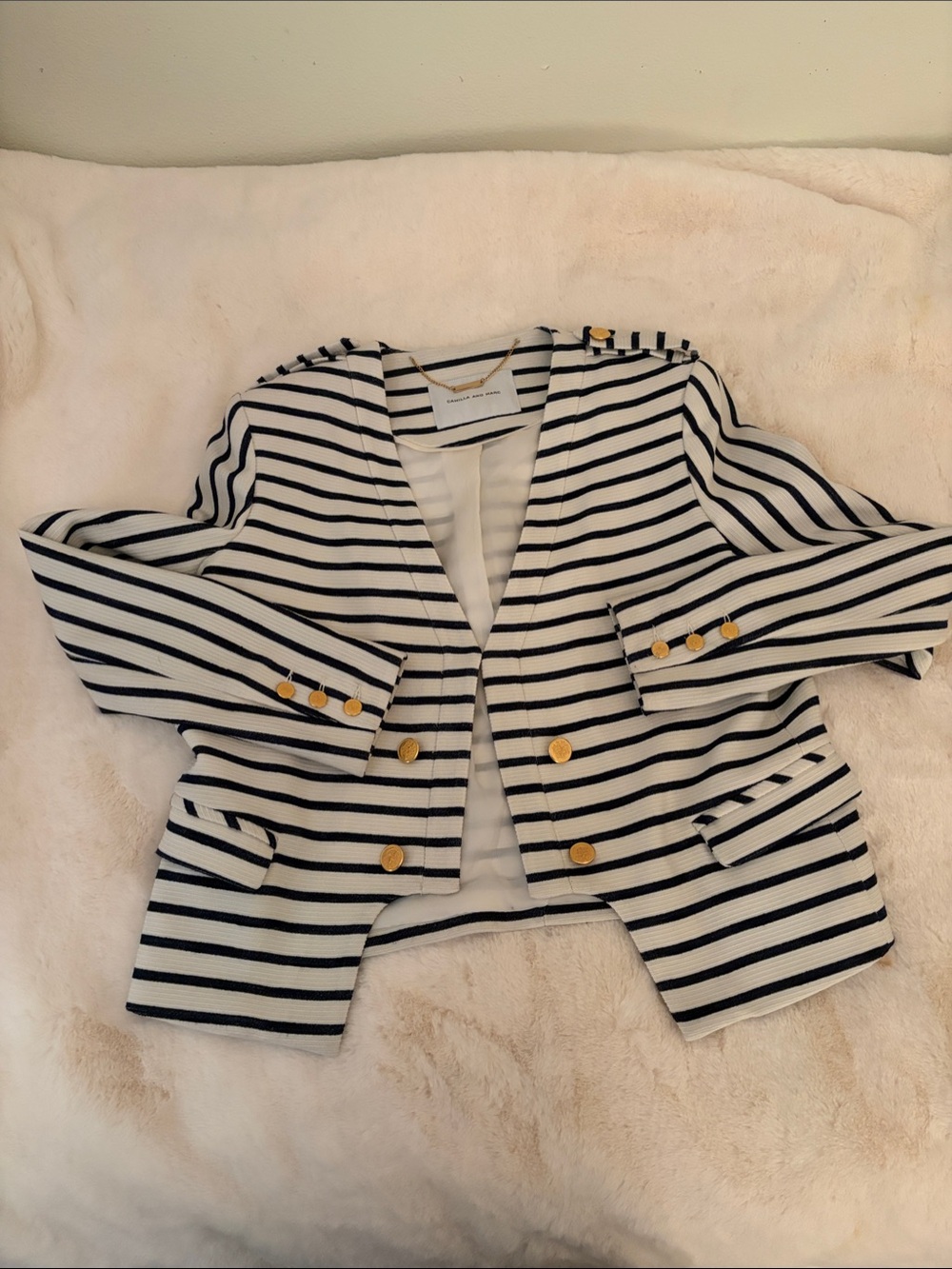 Camilla and Marc Double Breasted Striped Black & White Gold-Button Blazer